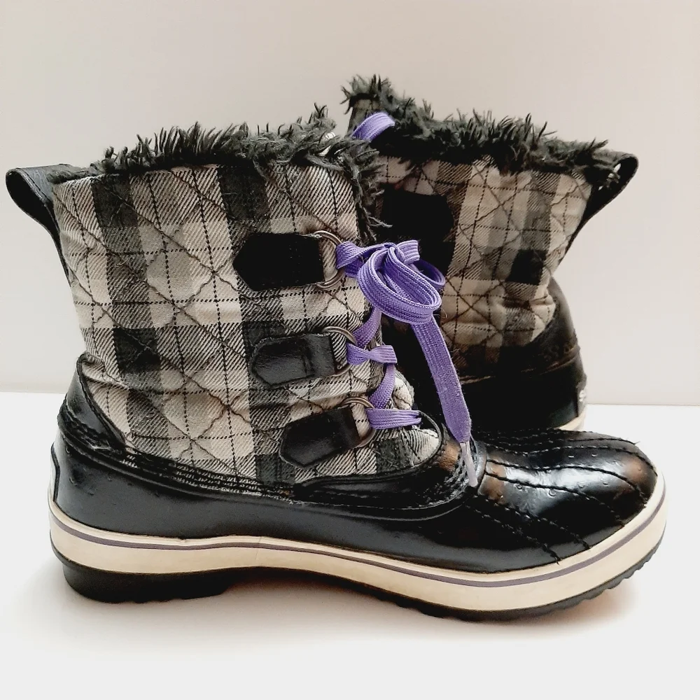 SOREL Tivoli II Plaid Short Lace-Up Snow Winter Boots Waterproof B&W Sz 8 Flawed - Picture 9 of 14
